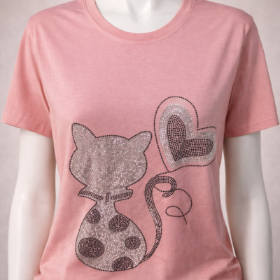T-shirt Femme Rose Motif chat et coeur en strass. Taille M,L,XL,XXL