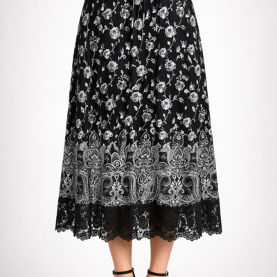 Jupe midi noire à imprimé floral taille XL