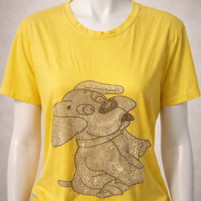 T-Shirt Femme jaune Motif chien strass brillant taille M, L,XL