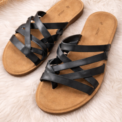 Sandales plates noires à bridés croisées. Taille 8