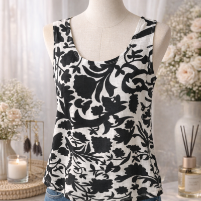 Ensemble deux pièces élégant noir et blanc à motifs floral.