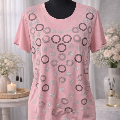 Chandail femme rose à motifs circulaires. Taille S, m , xl